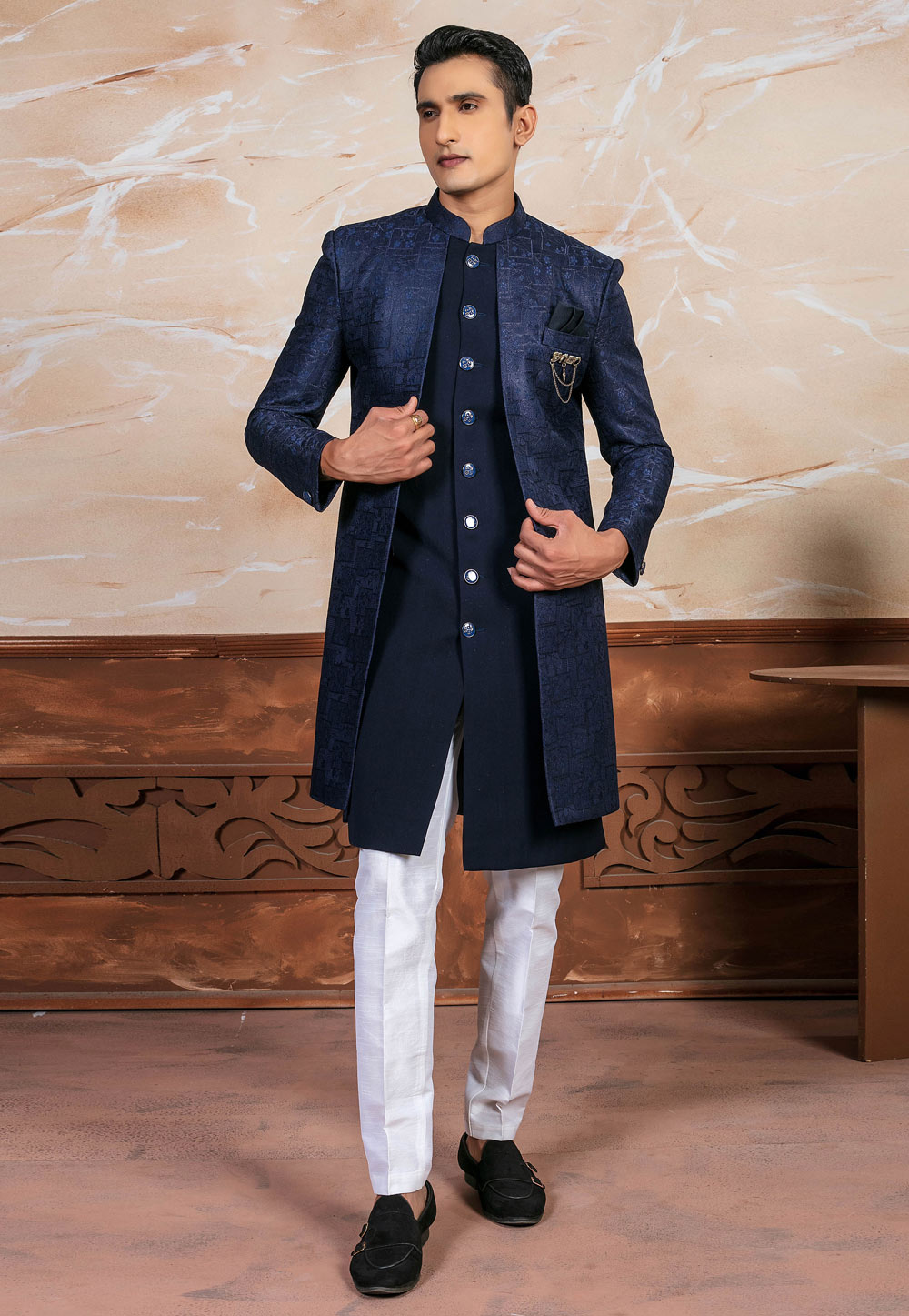 Navy Blue Art Silk Indo Western Suit 287153