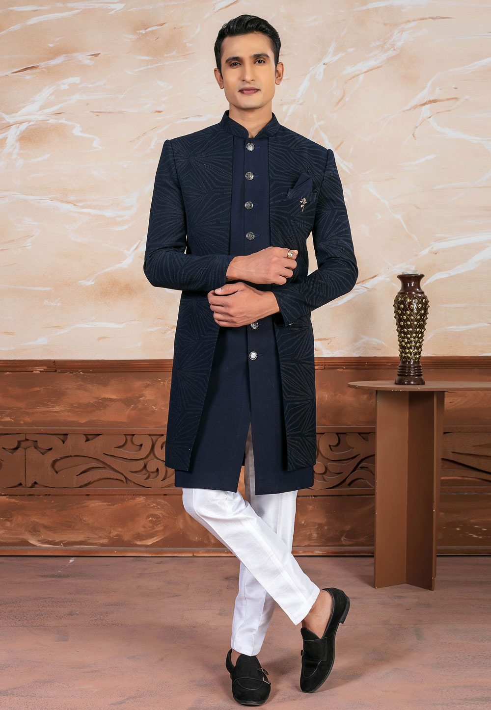 Navy Blue Art Silk Indo Western Suit 287155