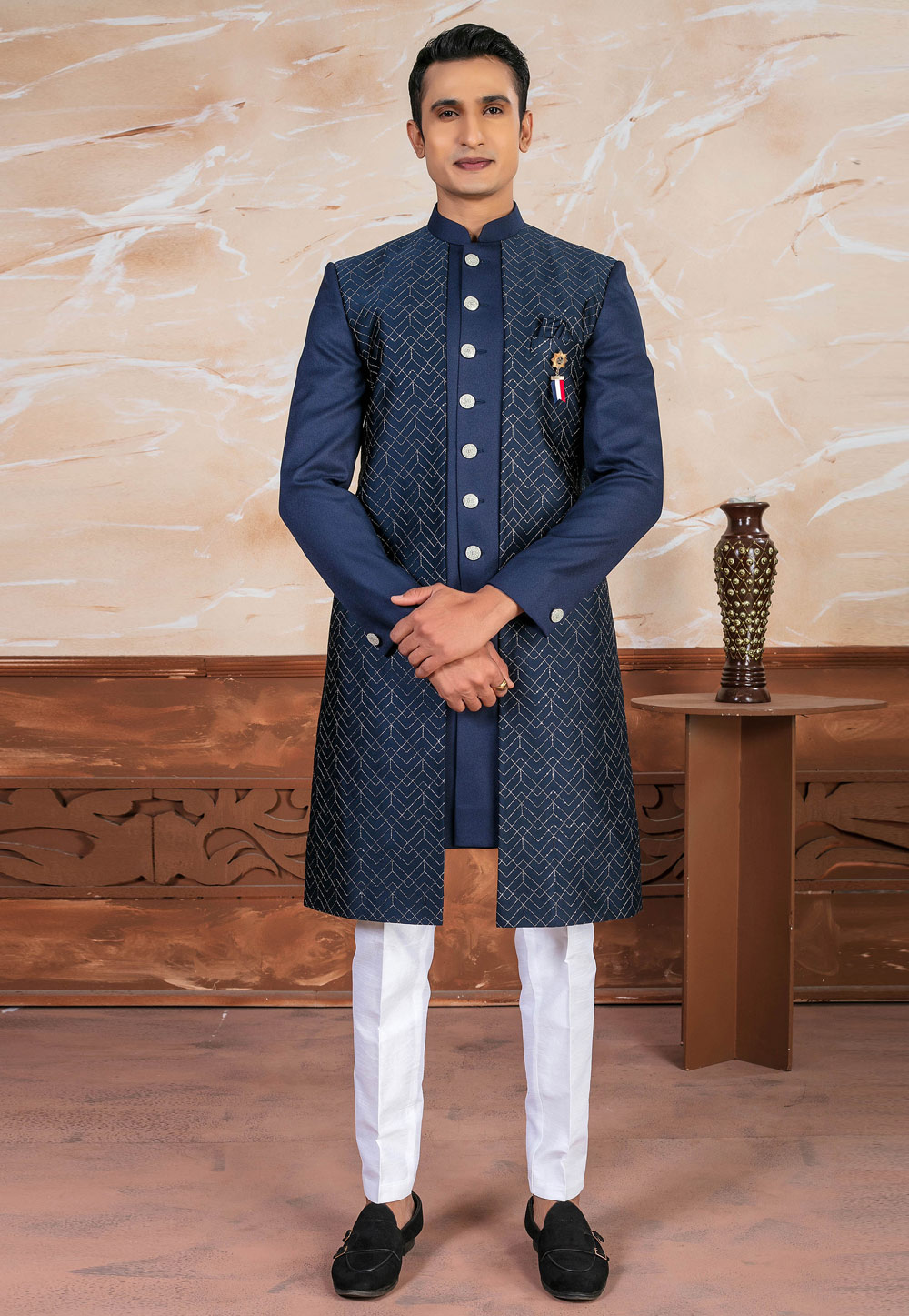 Navy Blue Art Silk Indo Western Suit 287156