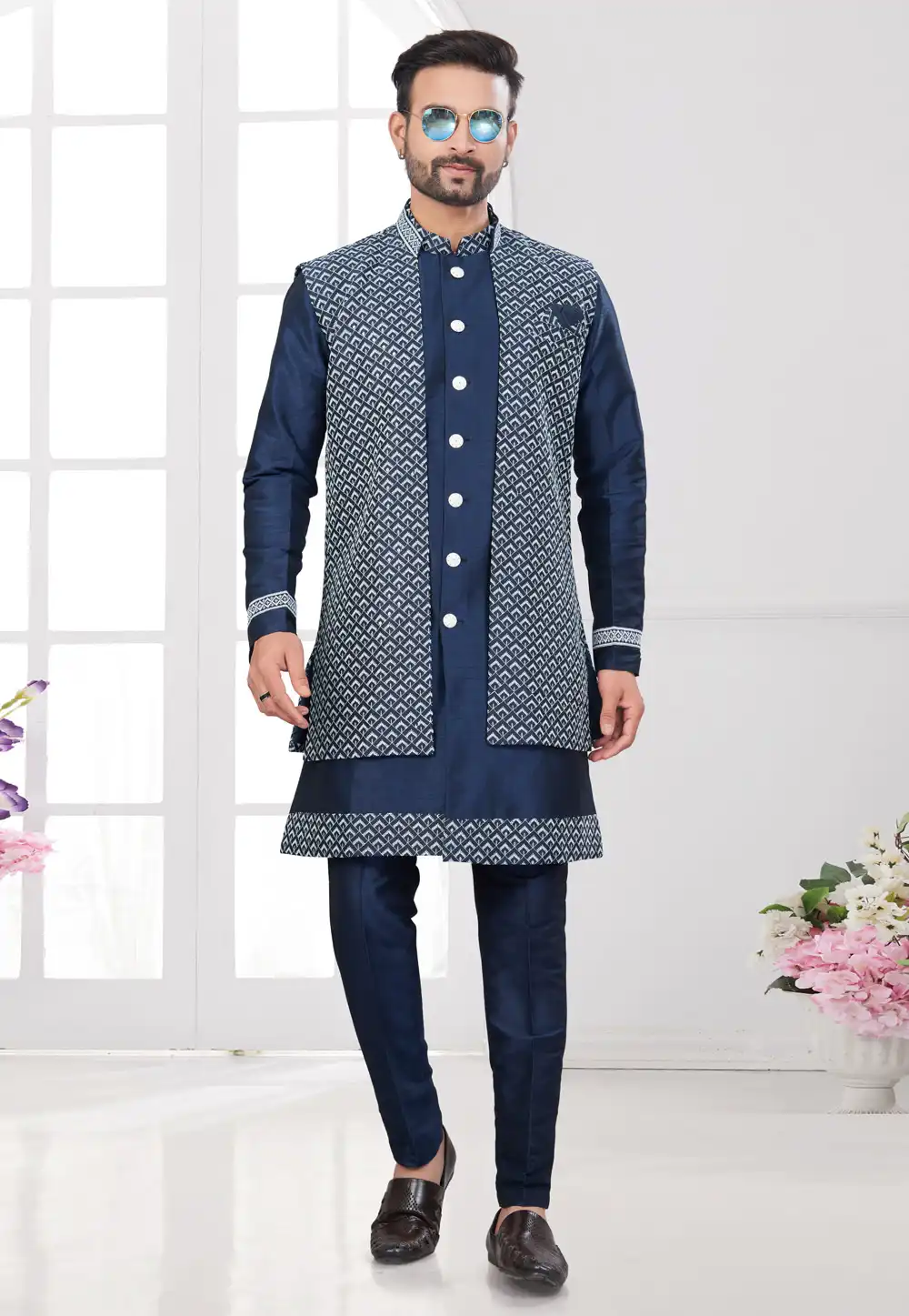 Navy Blue Art Silk Indo Western Suit 294524