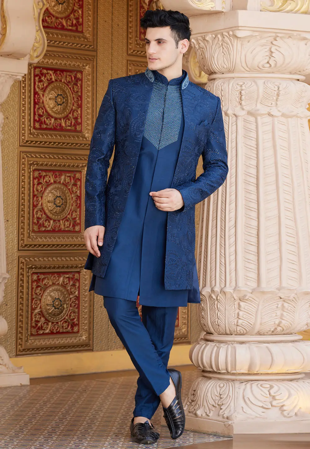 Navy Blue Art Silk Jacket Style Sherwani 304346