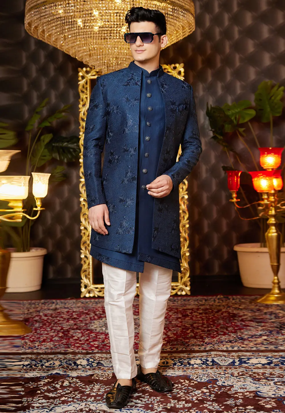 Navy Blue Art Silk Jacket Style Sherwani 299194