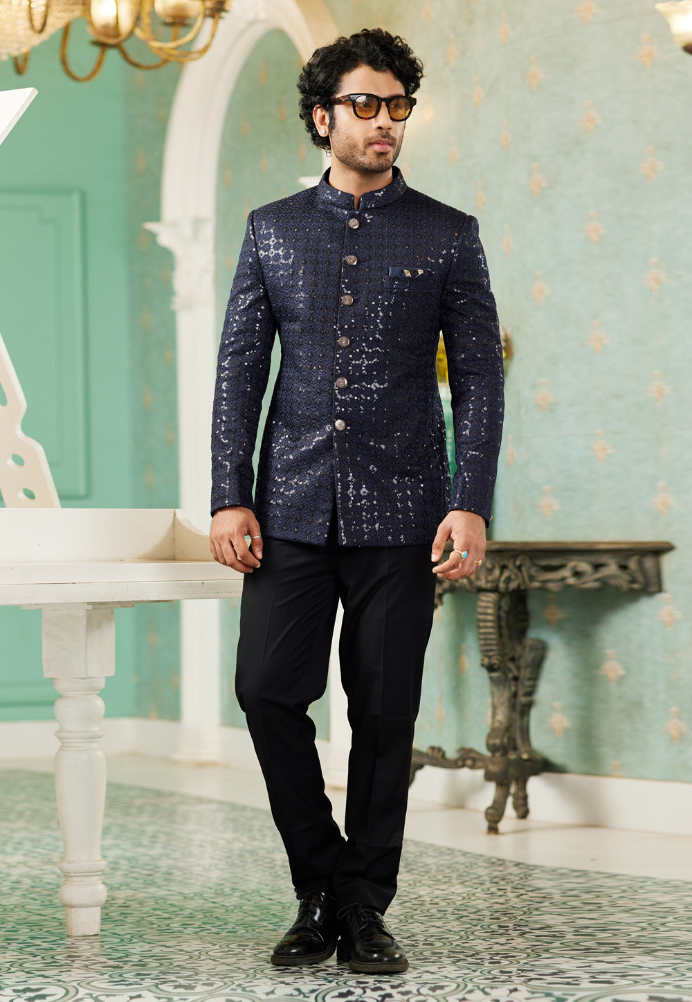 Navy Blue Art Silk Jodhpuri Suit 278297