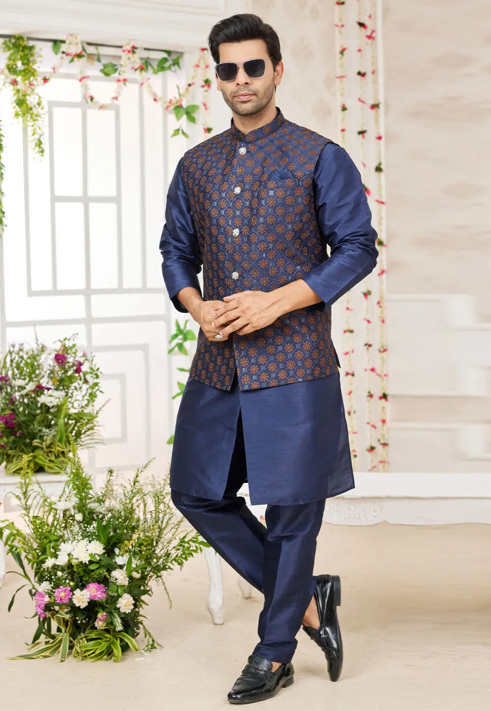 Navy Blue Art Silk Kurta Pajama With Jacket 295262