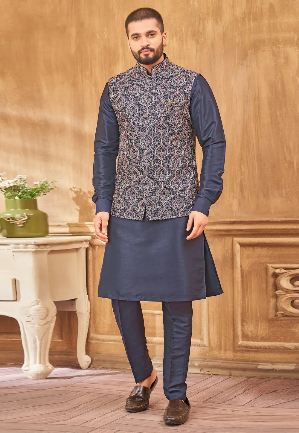 Navy Blue Art Silk Kurta Pajama With Jacket 296640