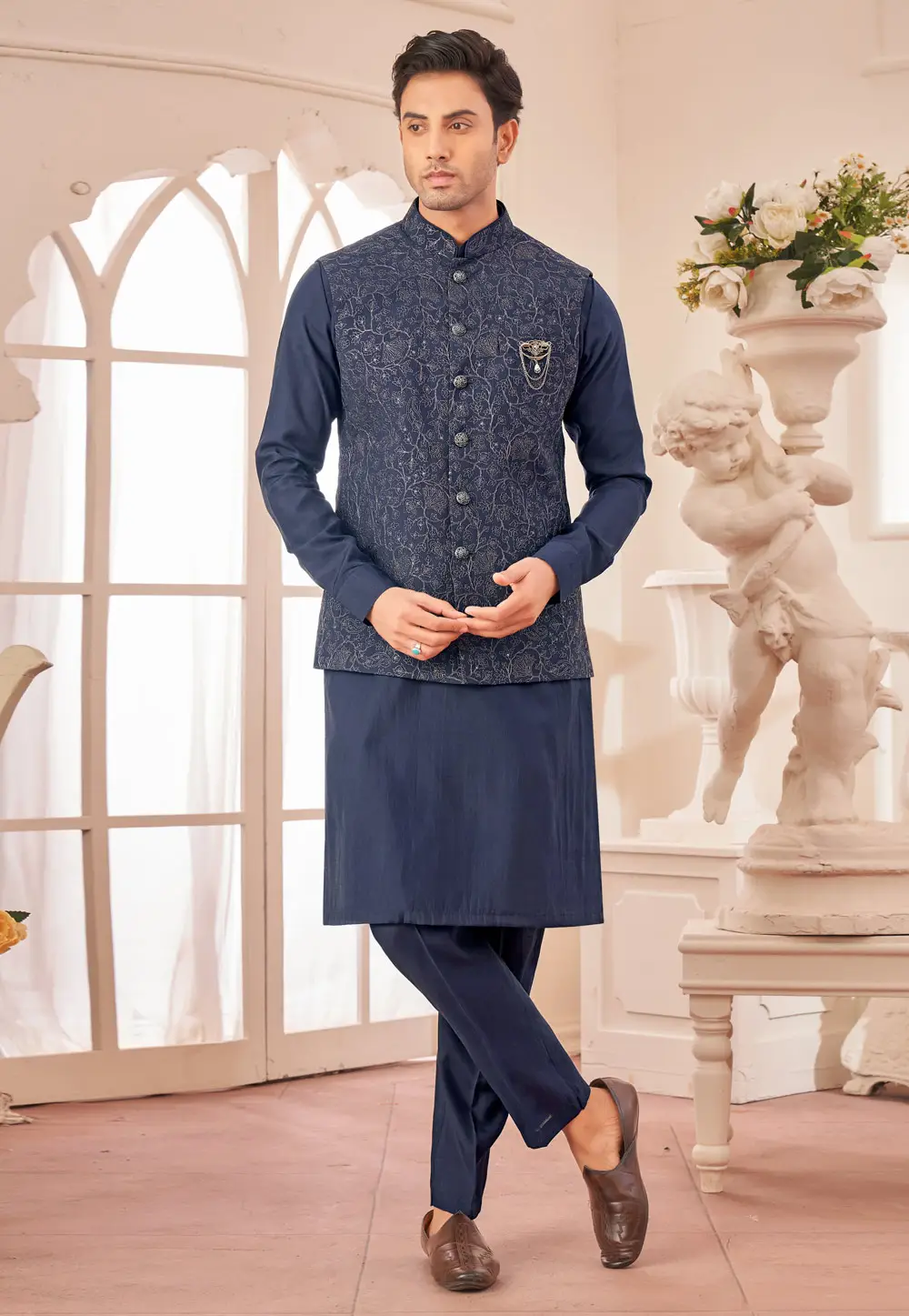 Navy Blue Art Silk Kurta Pajama With Jacket 296654