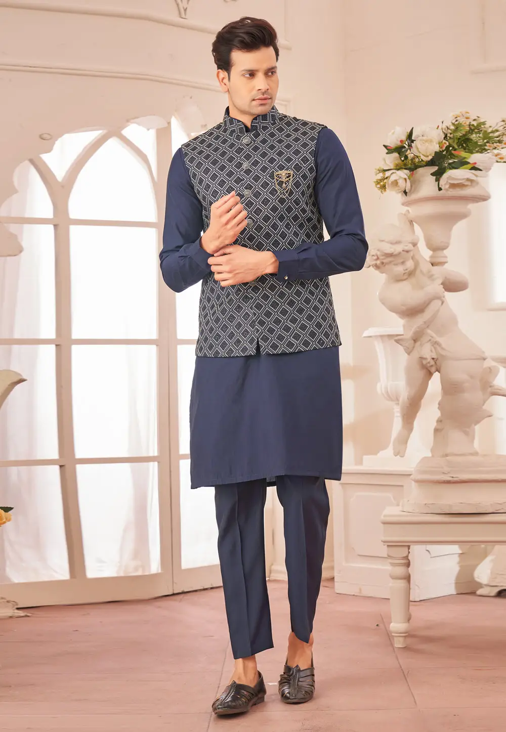 Navy Blue Art Silk Kurta Pajama With Jacket 296661