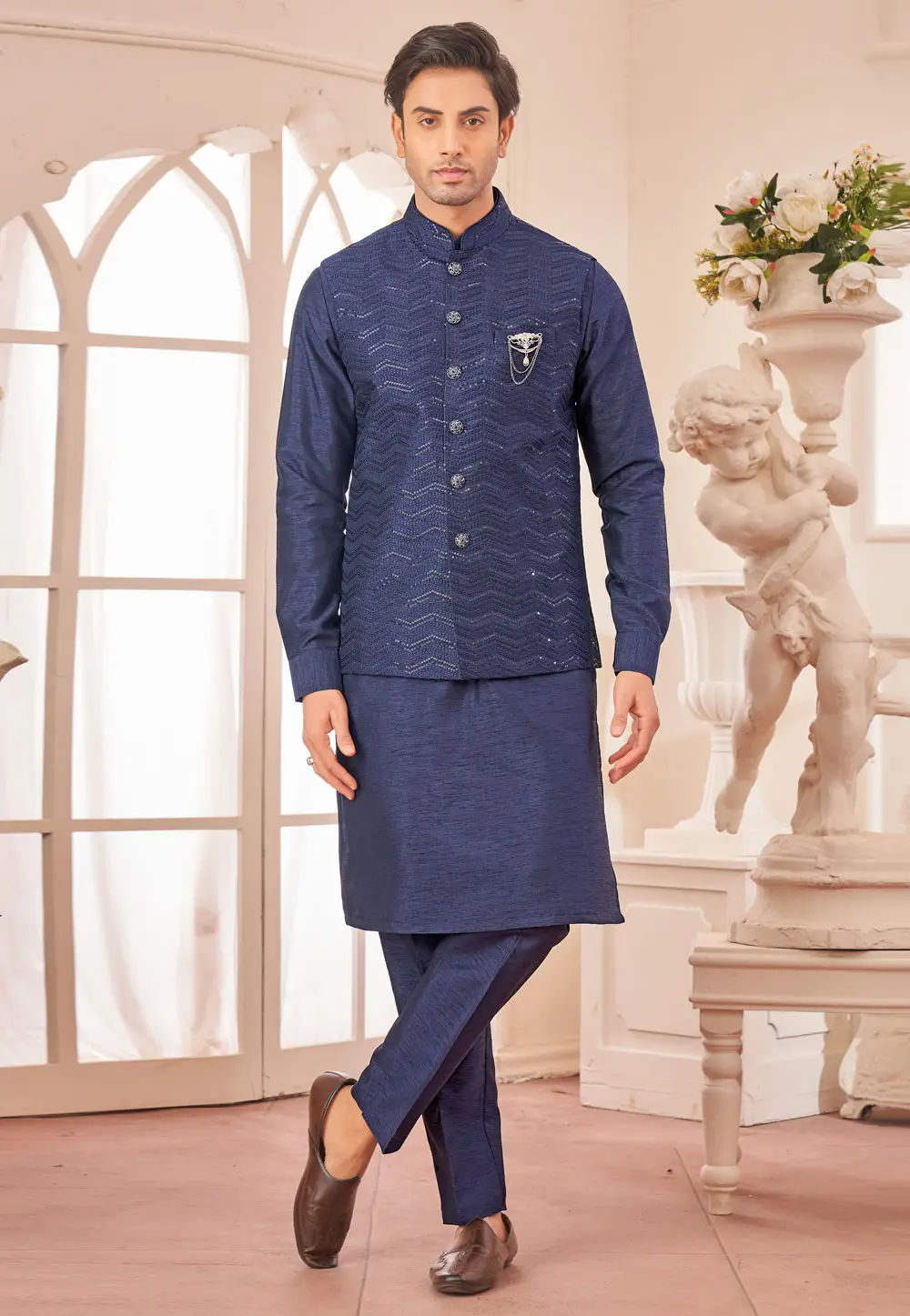 Navy Blue Art Silk Kurta Pajama With Jacket 296668