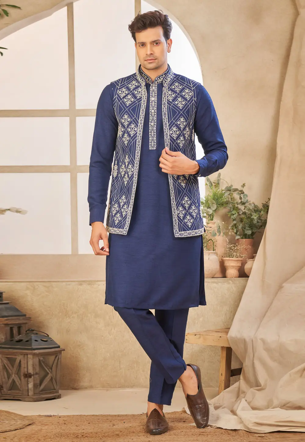 Navy Blue Art Silk Kurta Pajama With Jacket 296699