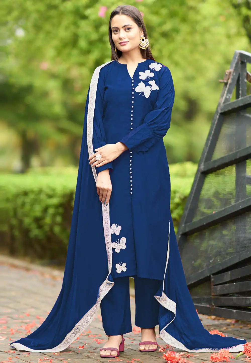 Navy Blue Art Silk Readymade Pakistani Suit 293345