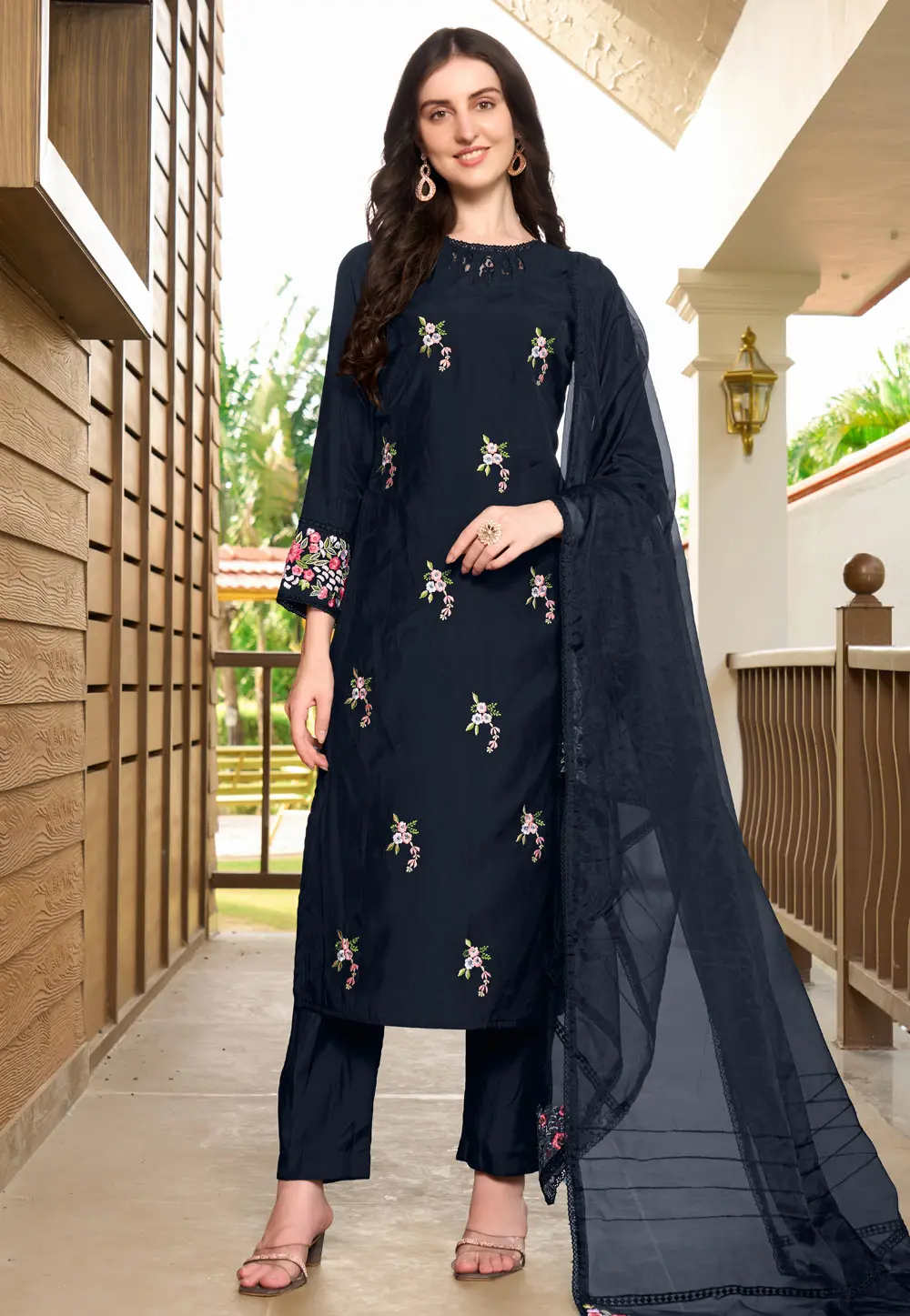 Navy Blue Art Silk Readymade Pakistani Suit 303319