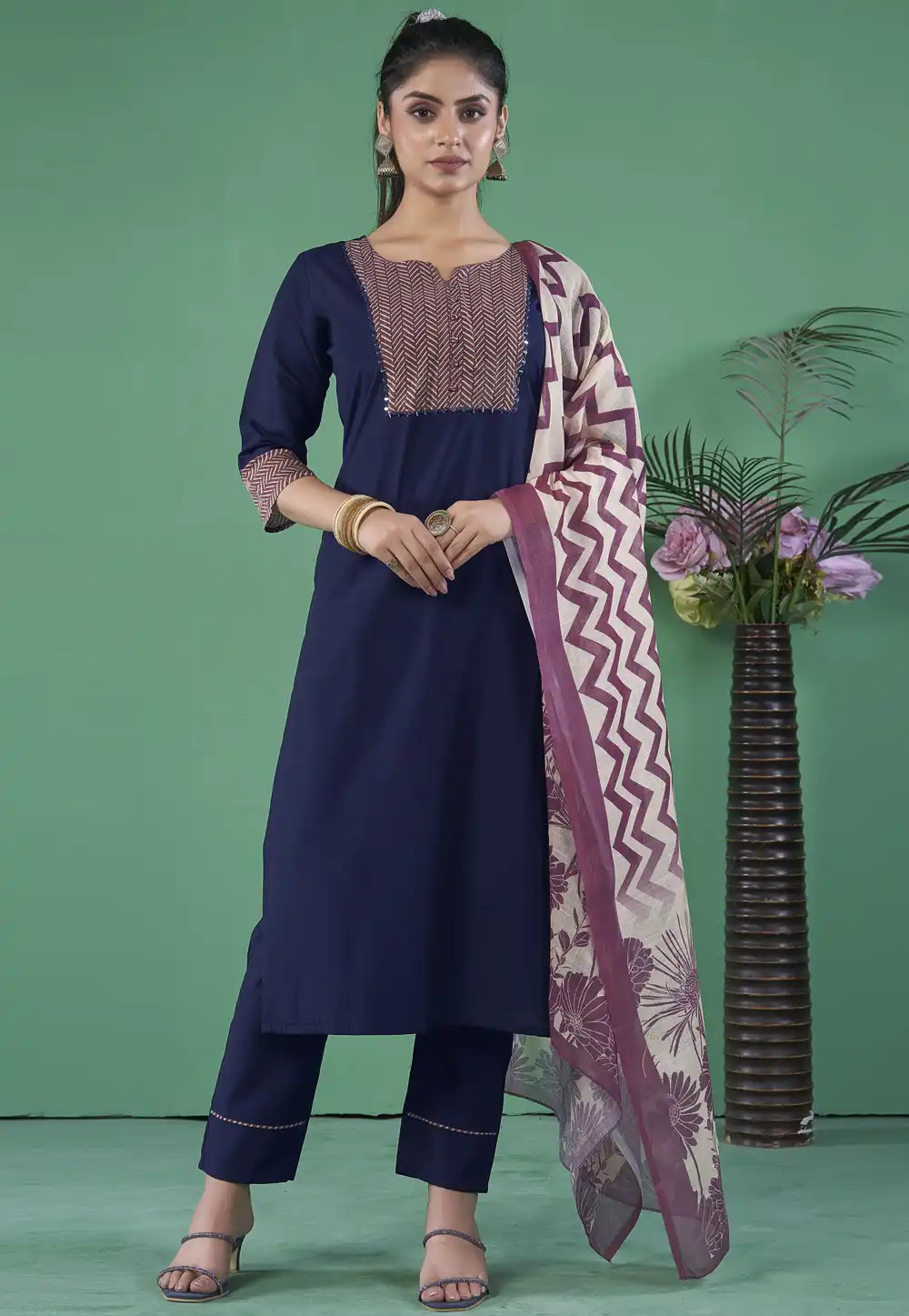 Navy Blue Art Silk Readymade Pakistani Suit 290748