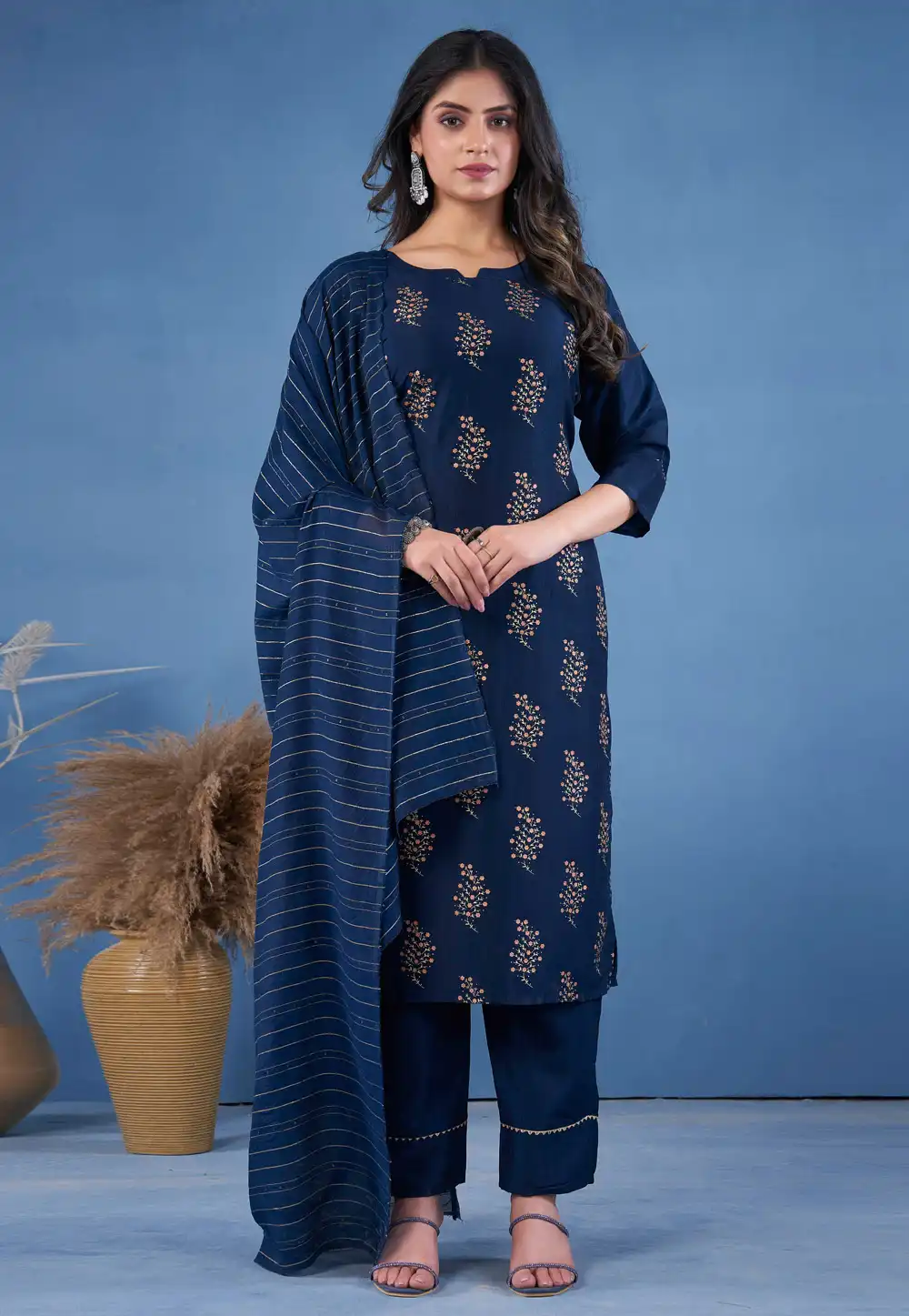 Navy Blue Art Silk Readymade Pant Style Suit 293994