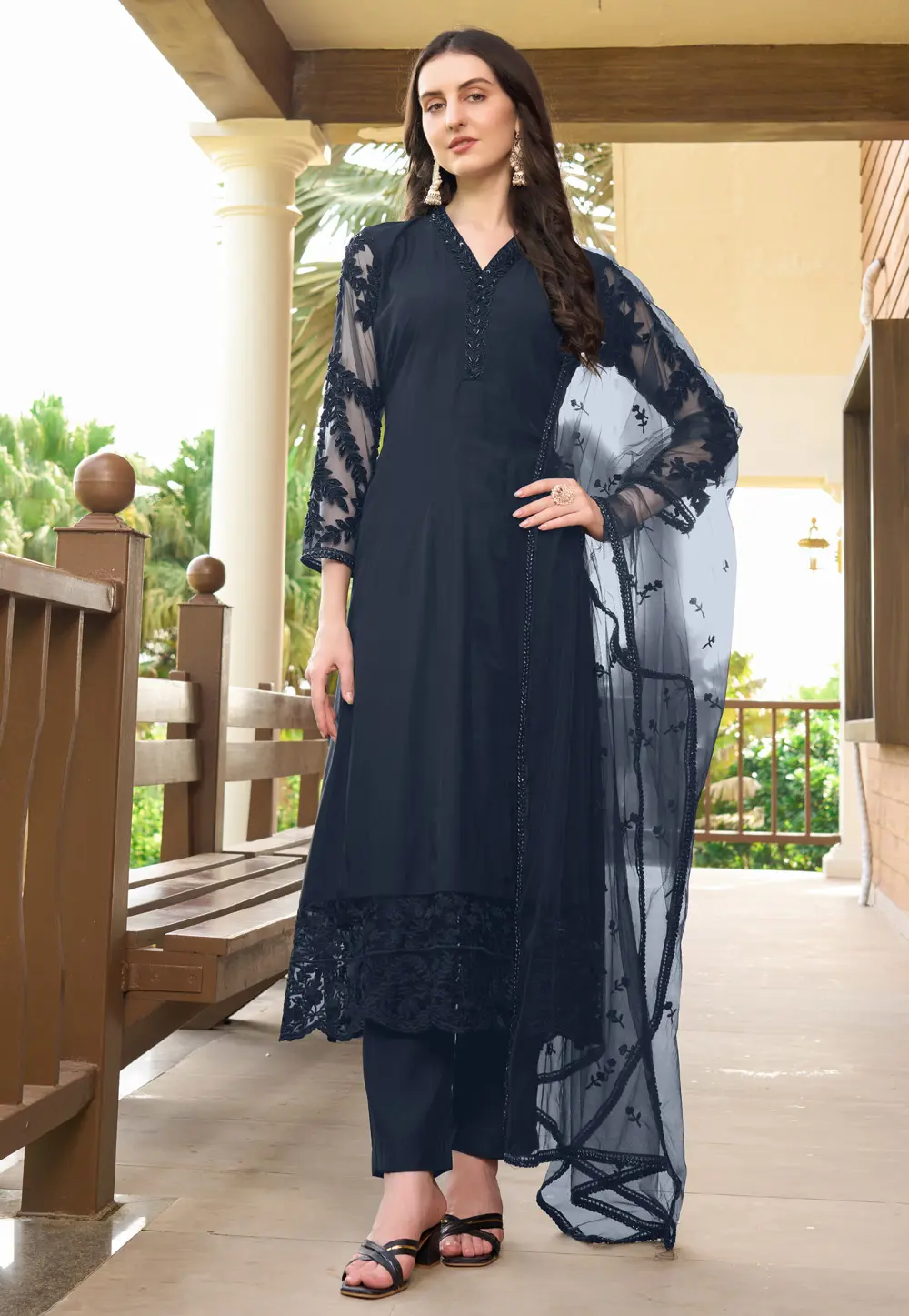 Navy Blue Art Silk Readymade Pant Style Suit 300594