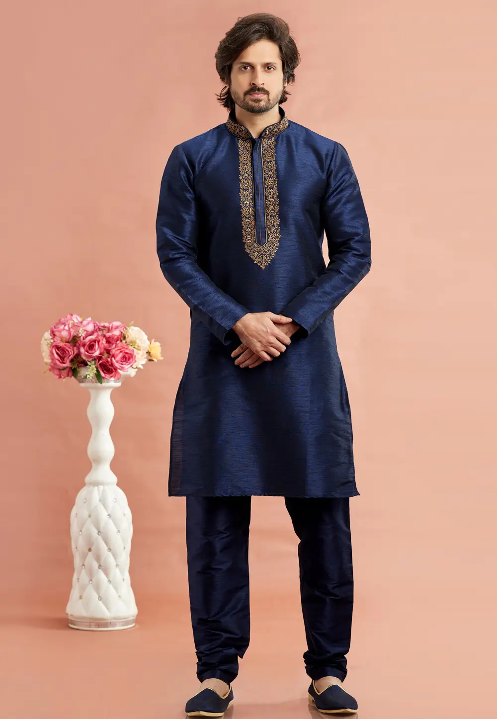 Navy Blue Banarasi Kurta Pajama 297524