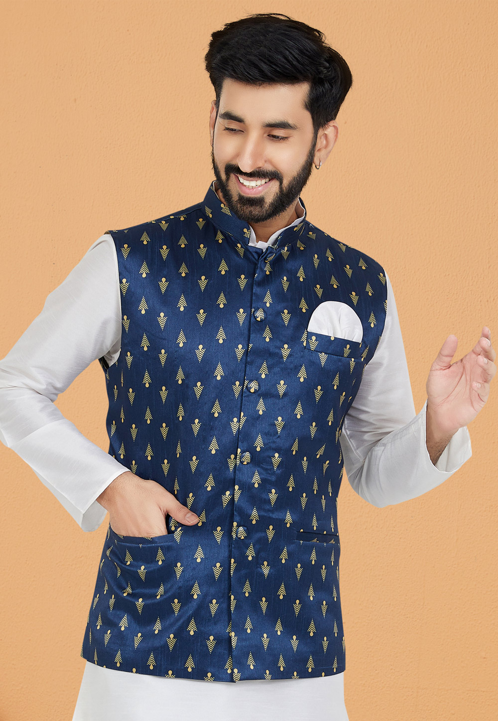 Navy Blue Banarasi Nehru Jacket 286738