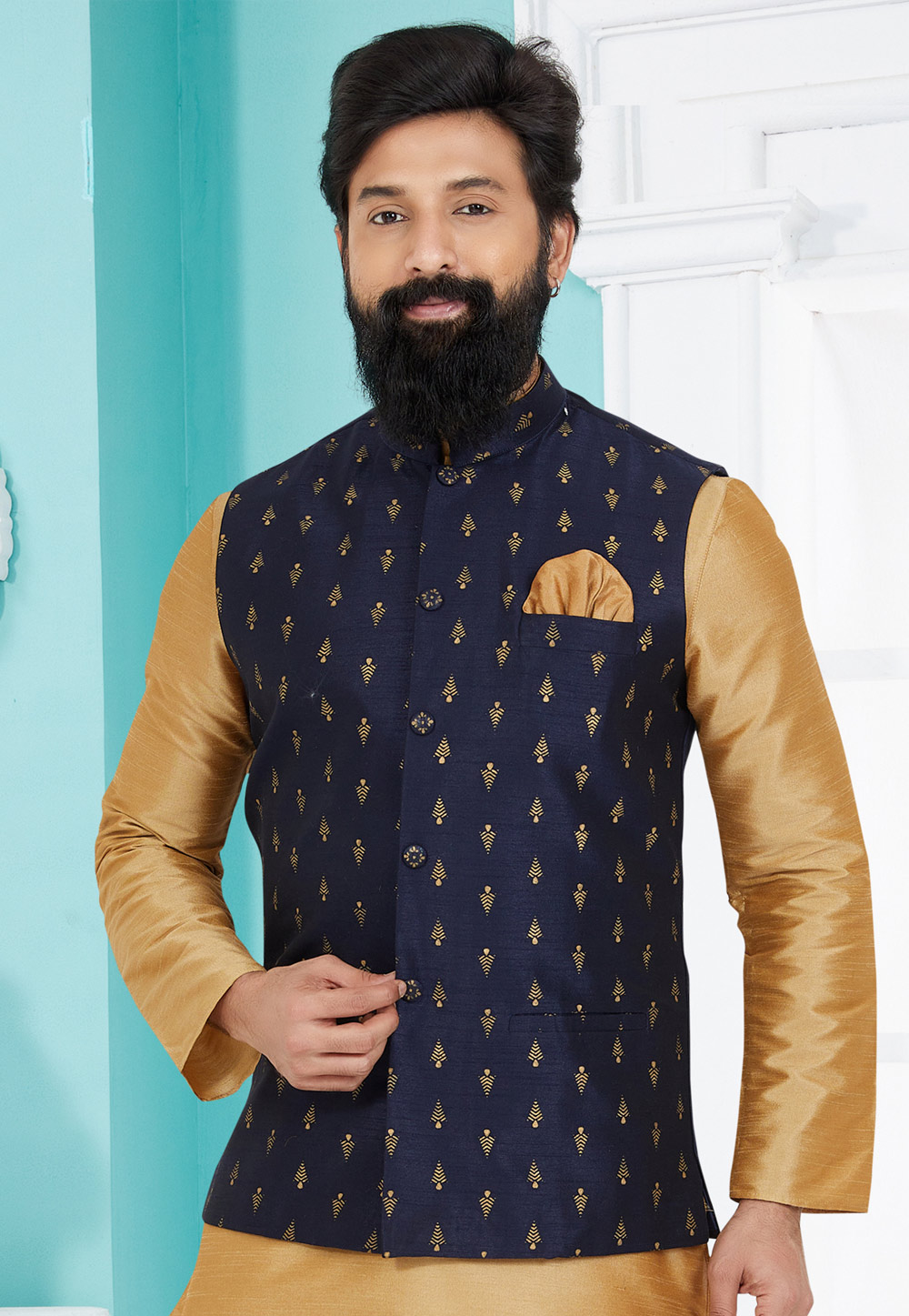 Navy Blue Banarasi Nehru Jacket 286746