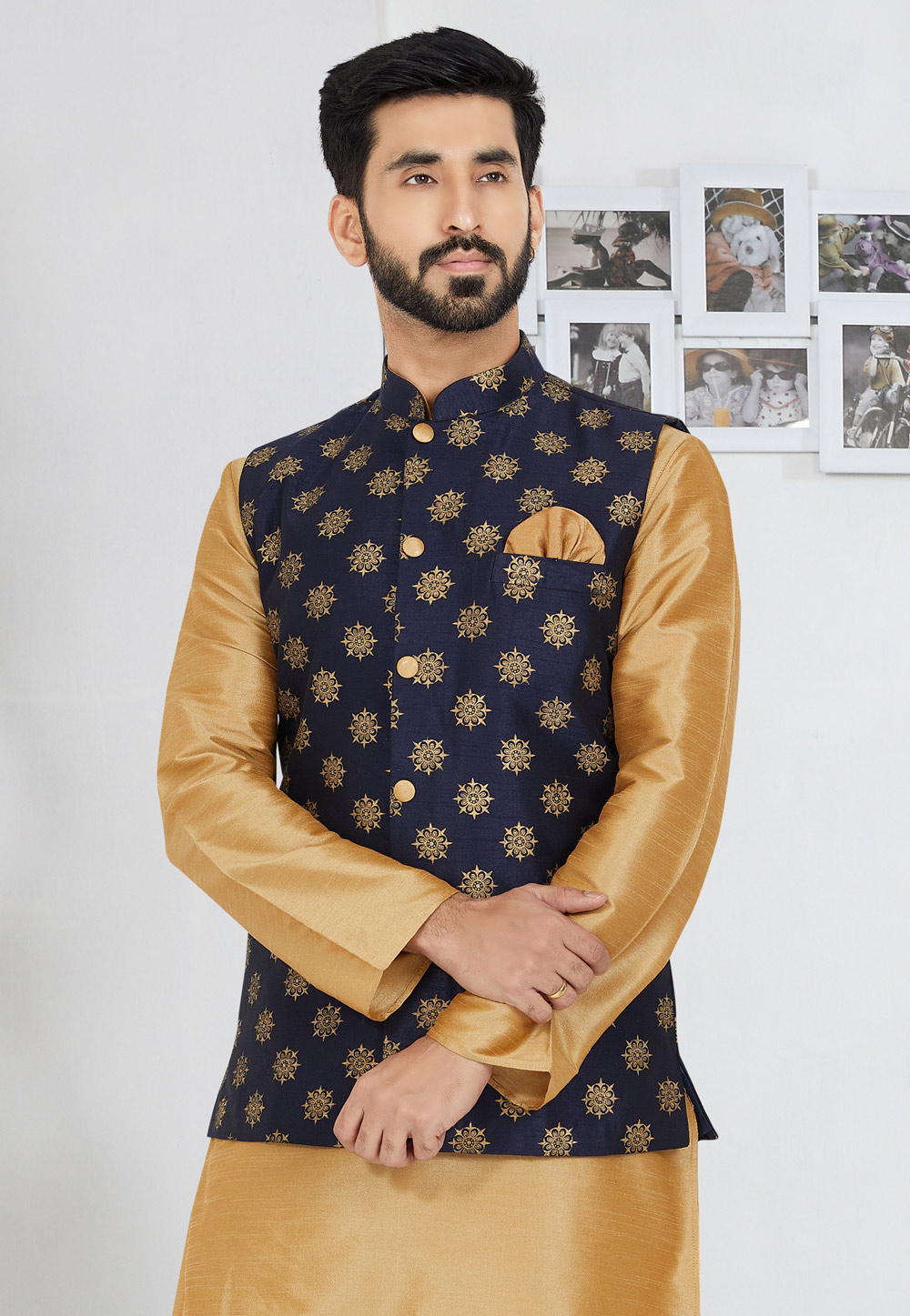 Navy Blue Banarasi Nehru Jacket 286747