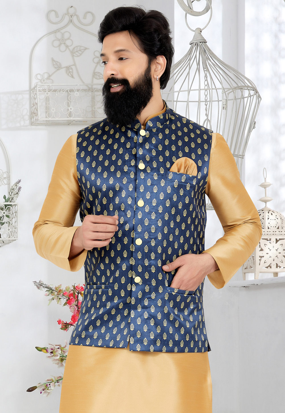 Navy Blue Banarasi Nehru Jacket 286759