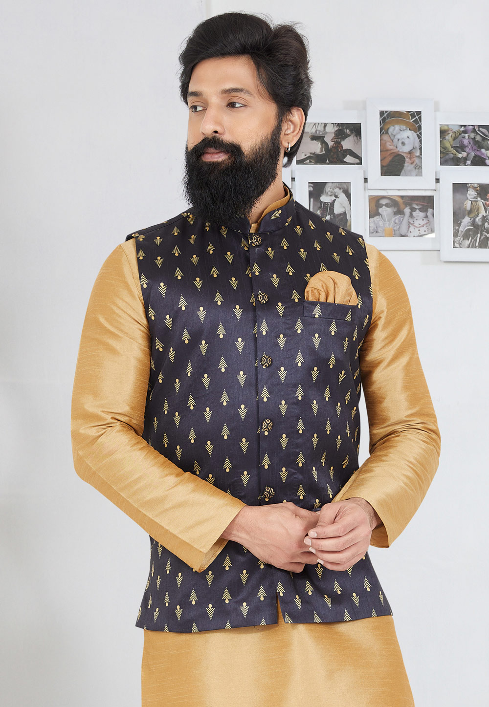 Navy Blue Banarasi Nehru Jacket 286763