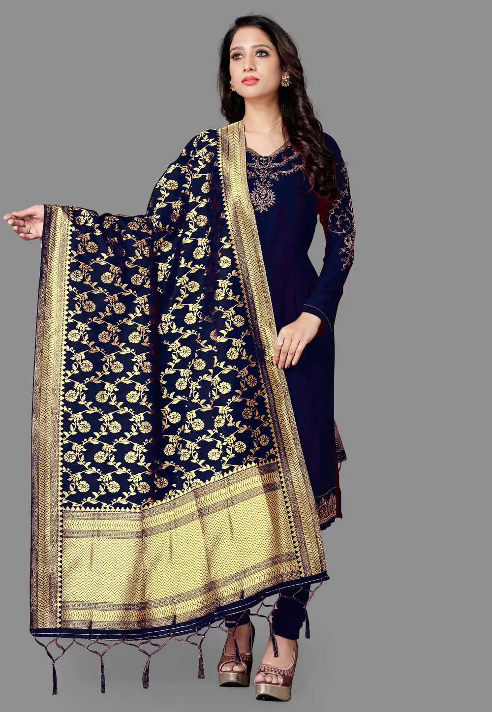 Navy Blue Banarasi Silk Dupatta 289776