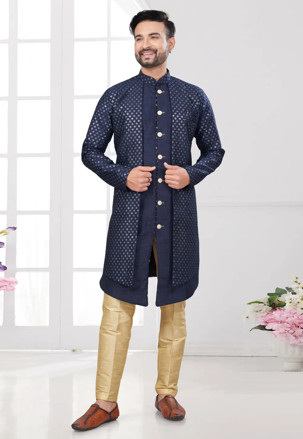 Navy Blue Banarasi Silk Indo Western Suit 295586