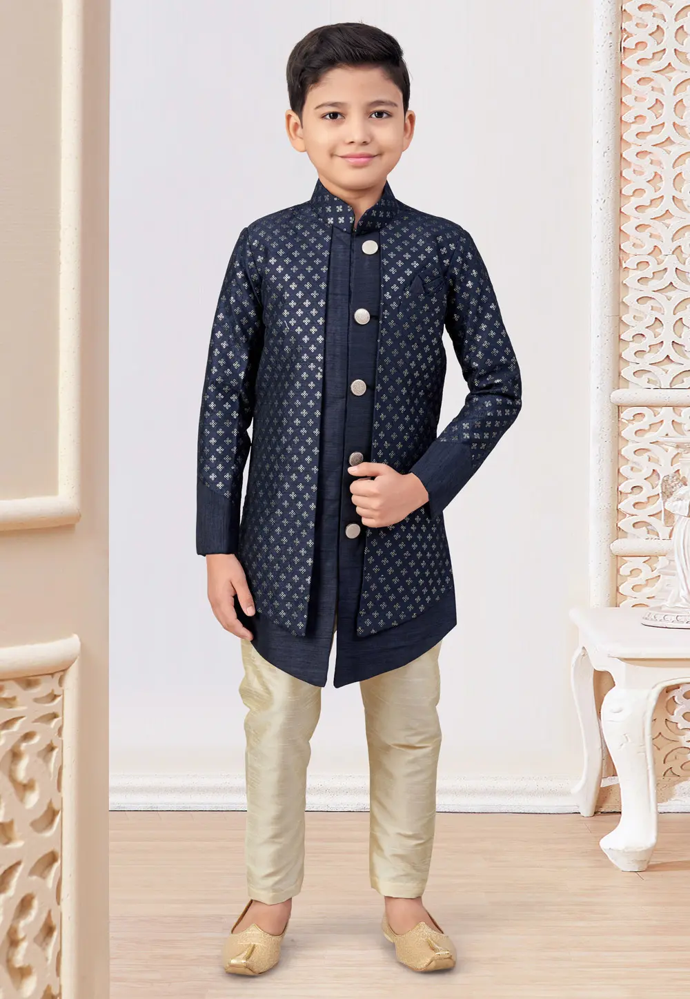 Navy Blue Banarasi Silk Kids Indo Western Suit 301319