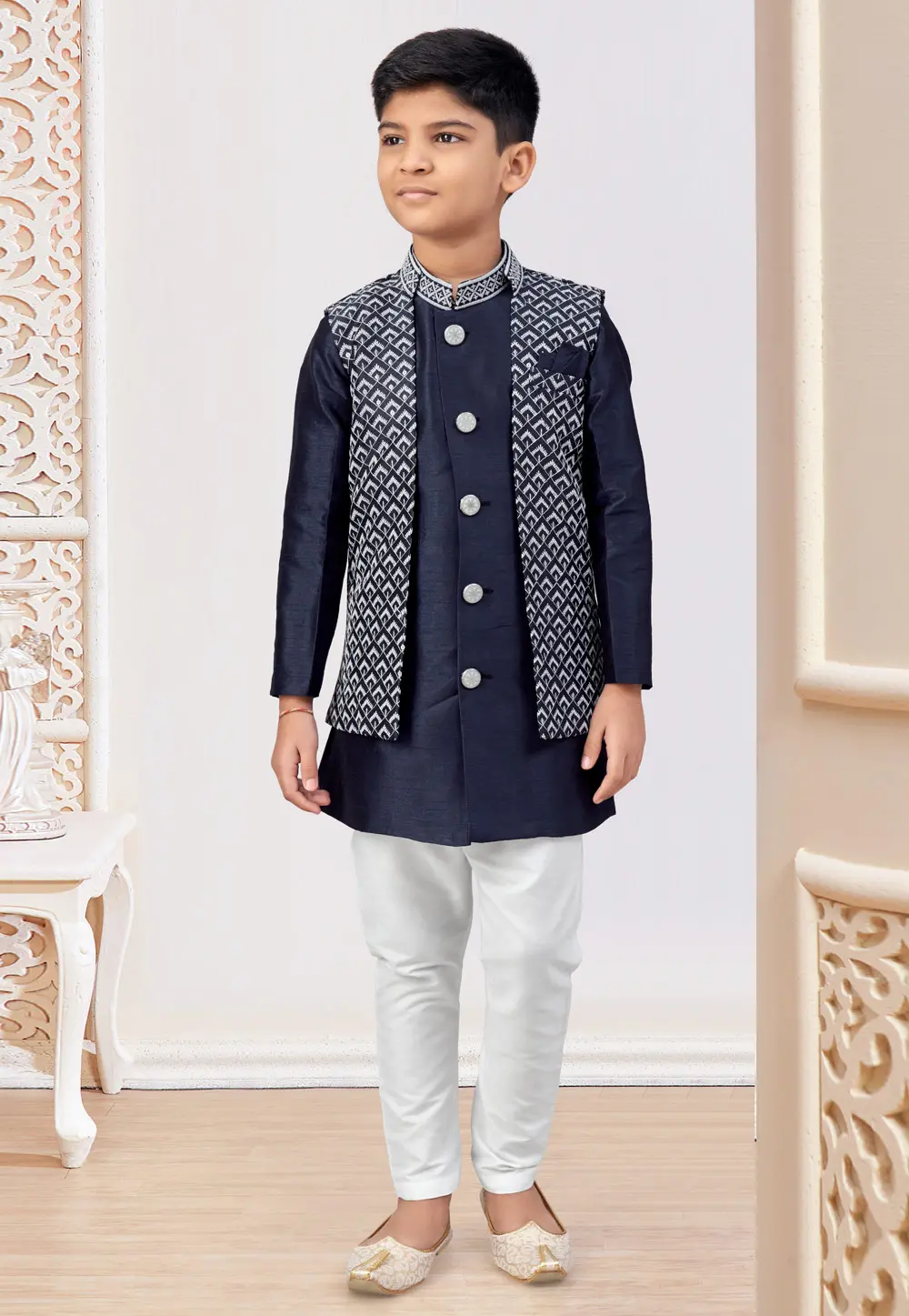 Navy Blue Banarasi Silk Kids Indo Western Suit 301328