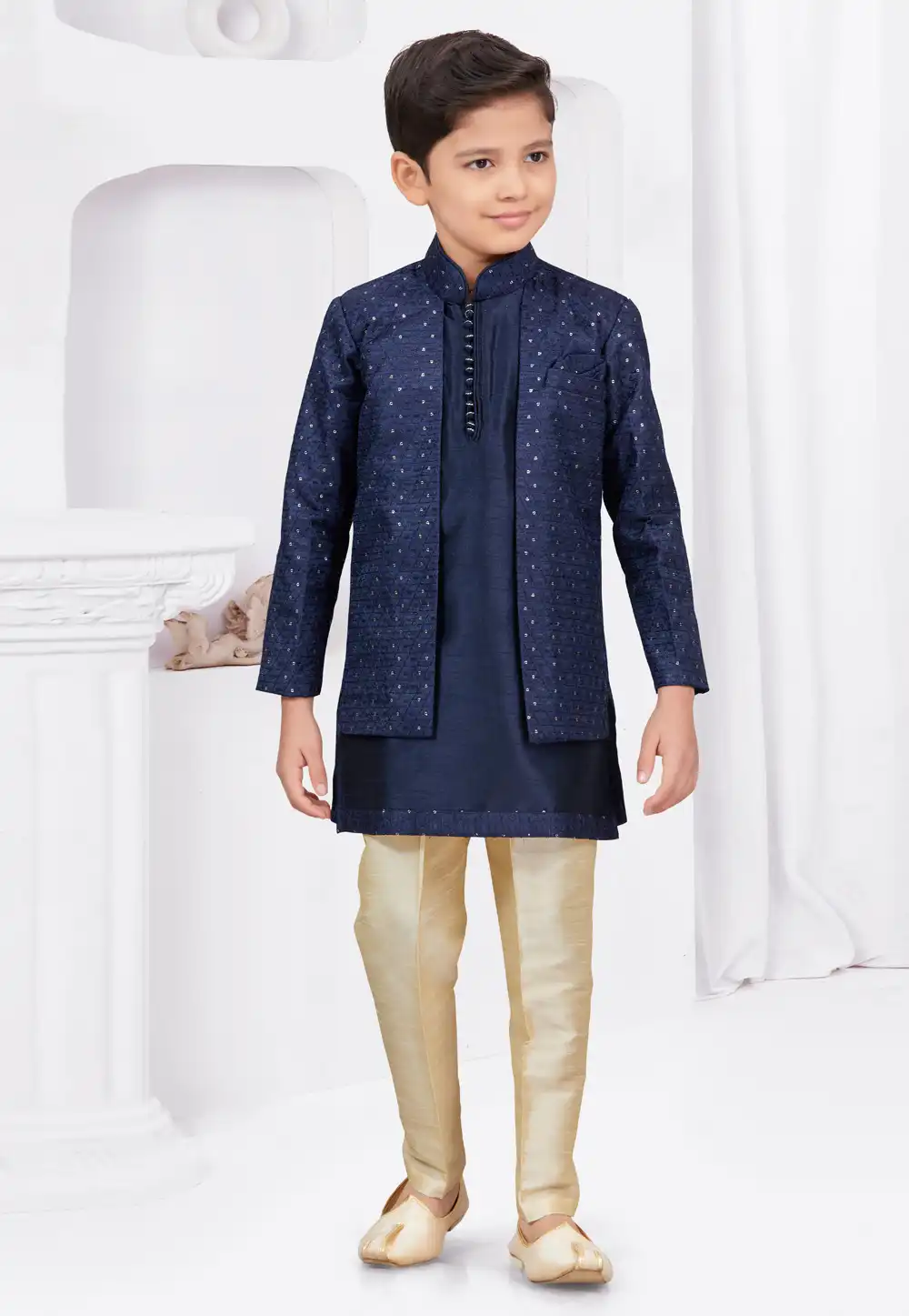 Navy Blue Banarasi Silk Kids Indo Western Suit 292986