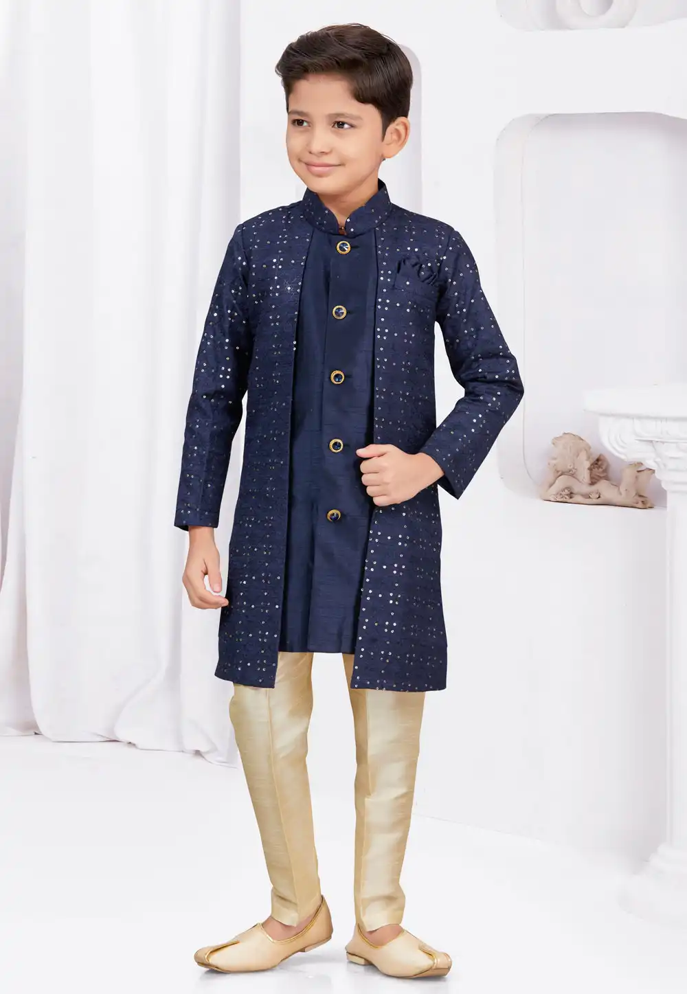 Navy Blue Banarasi Silk Kids Indo Western Suit 292988