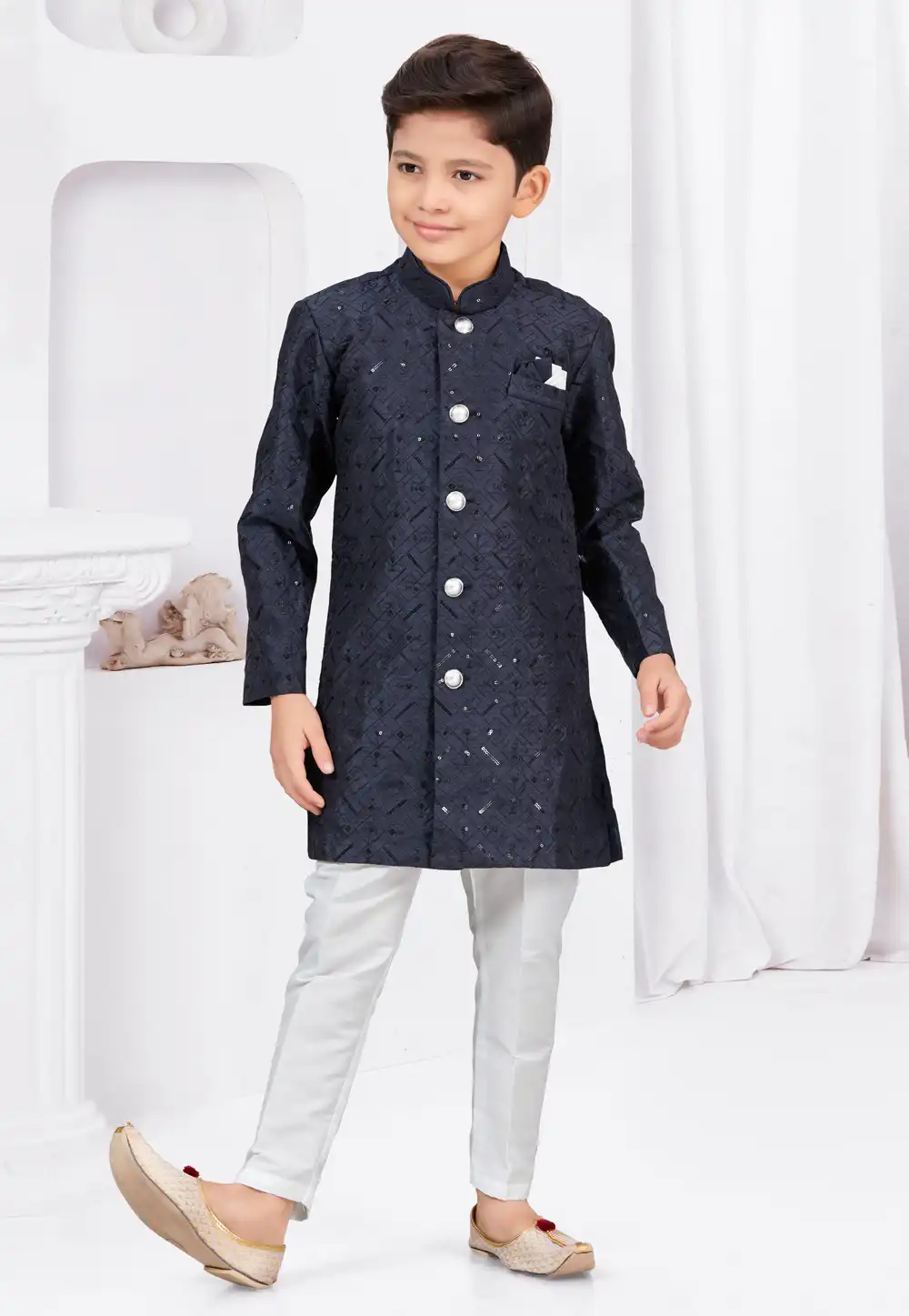 Navy Blue Banarasi Silk Kids Indo Western Suit 292991