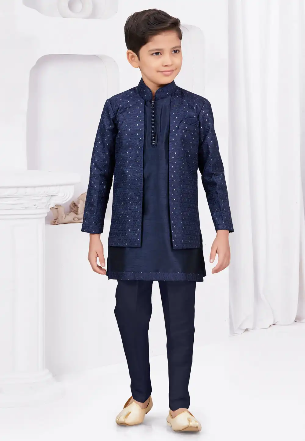 Navy Blue Banarasi Silk Kids Indo Western Suit 294965