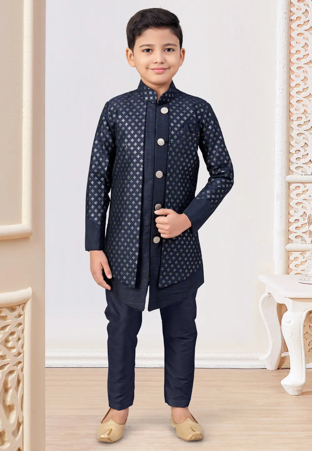 Navy Blue Banarasi Silk Kids Indo Western Suit 303798