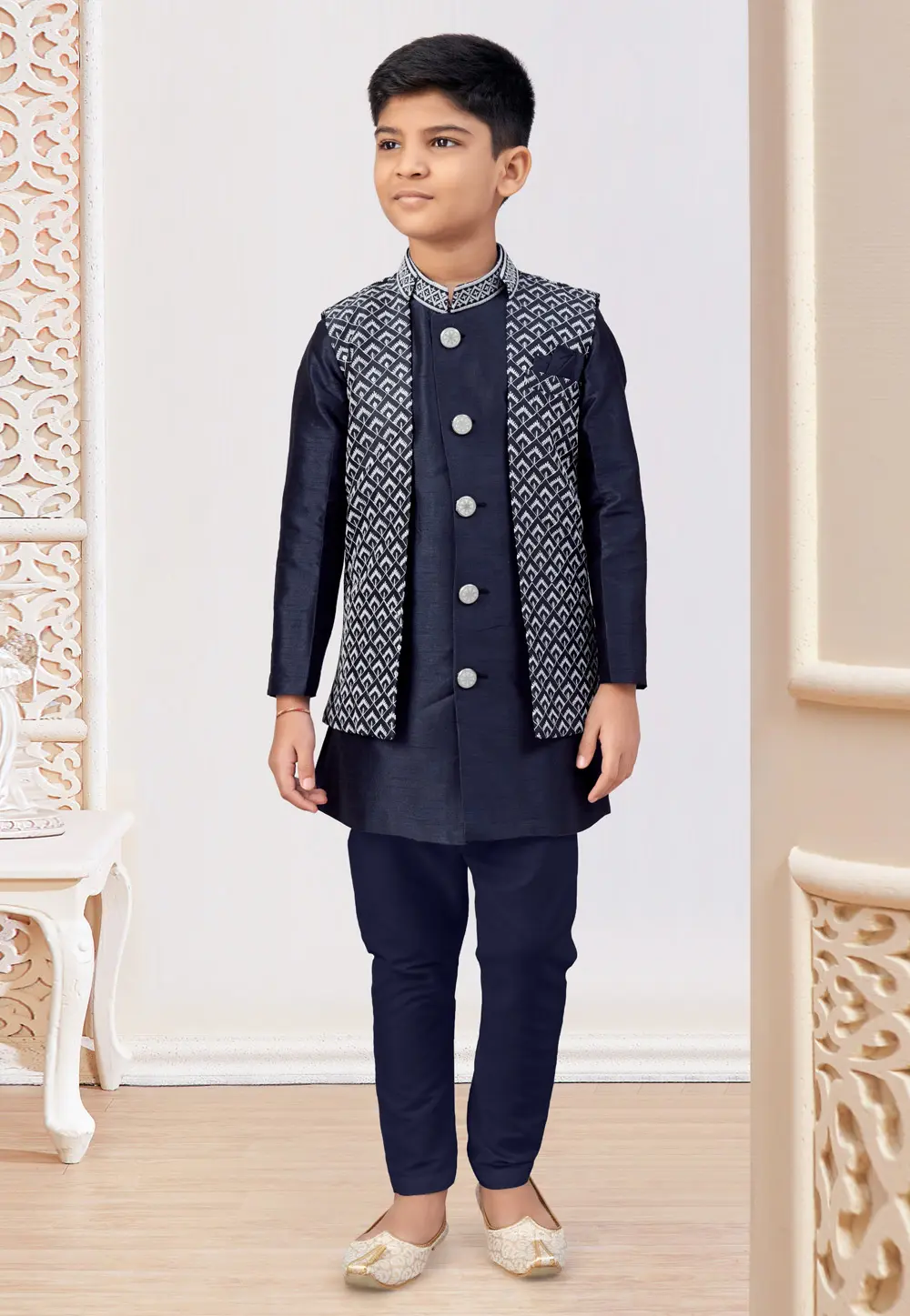 Navy Blue Banarasi Silk Kids Indo Western Suit 303807