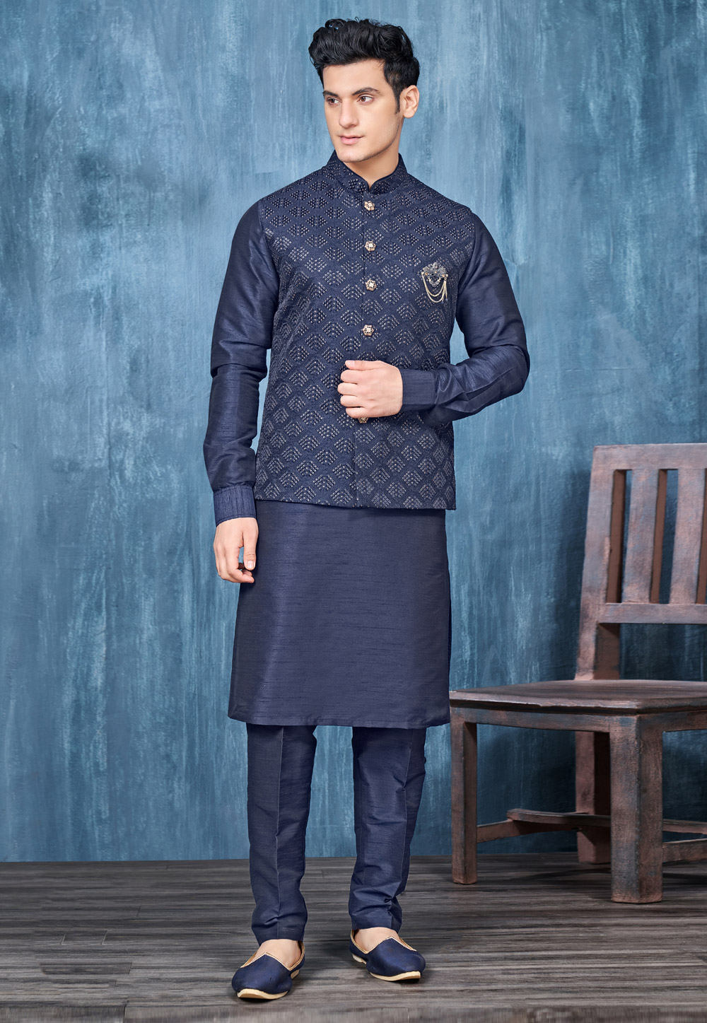 Navy Blue Banarasi Silk Kurta Pajama With Jacket 278282
