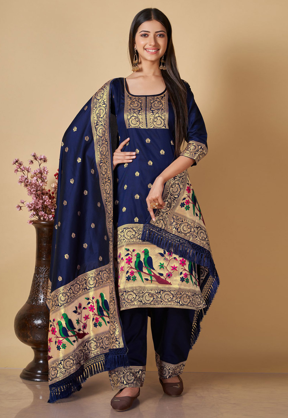 Navy Blue Banarasi Silk Pakistani Suit 285415