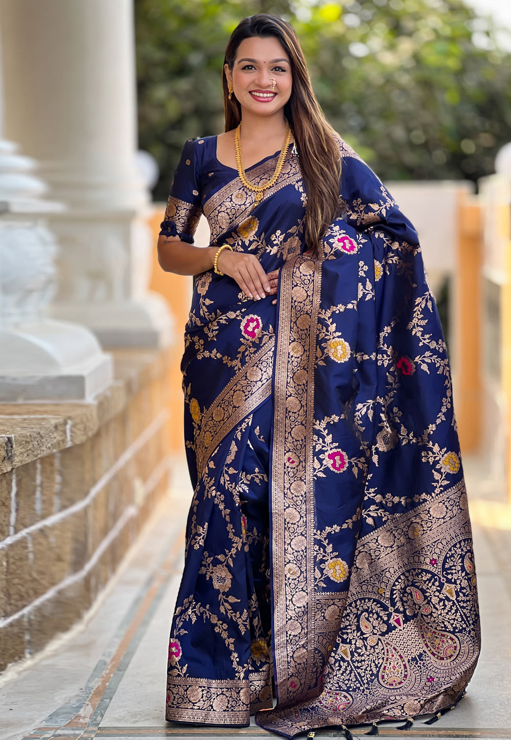 Navy Blue Banarasi Silk Saree With Blouse 309239