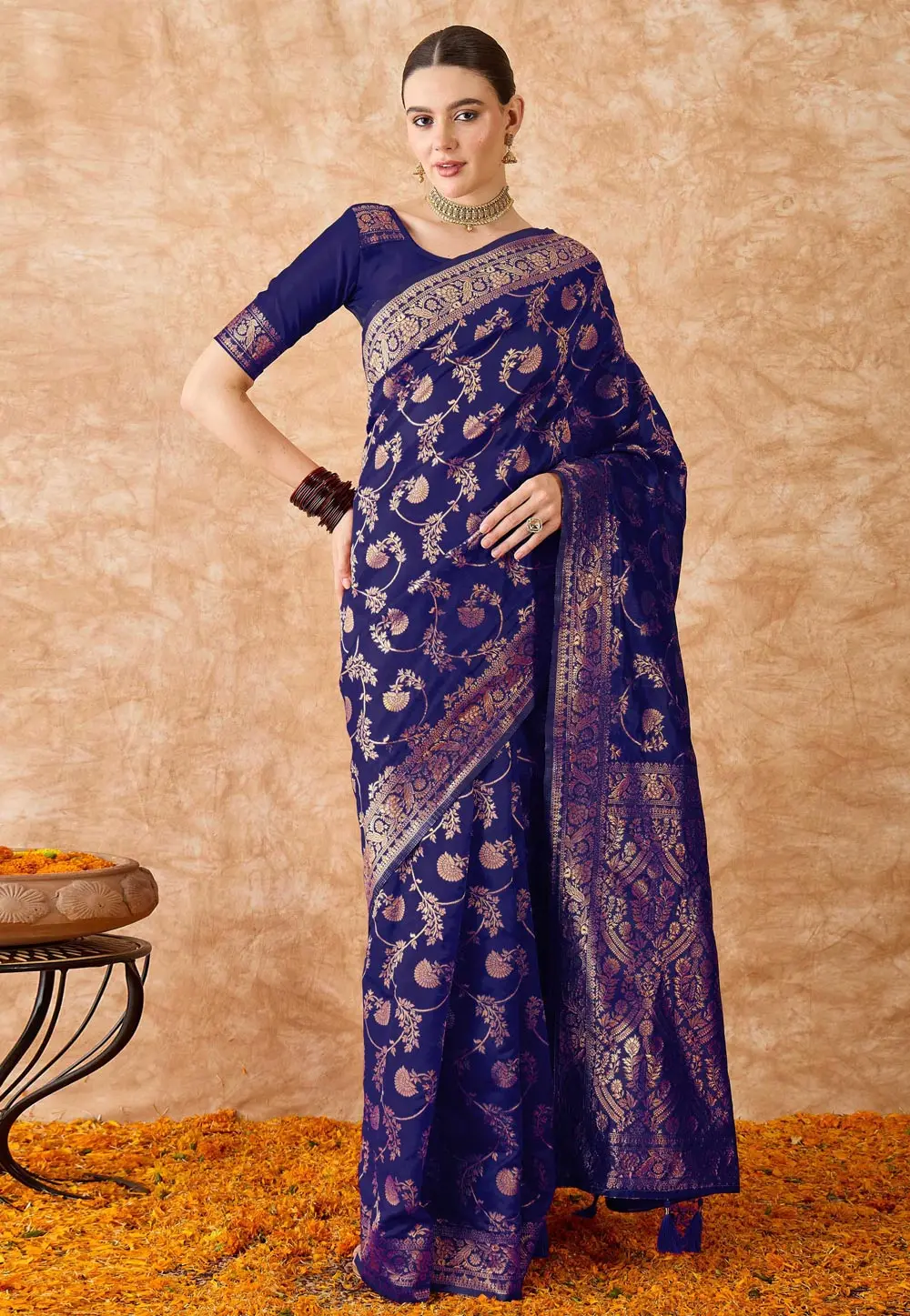 Navy Blue Banarasi Silk Saree With Blouse 301517