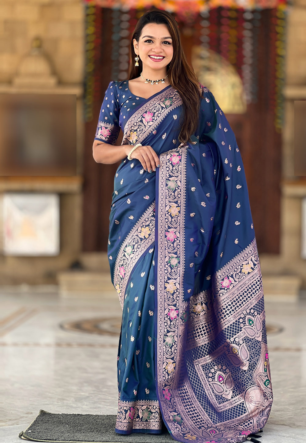 Navy Blue Banarasi Silk Saree With Blouse 305587