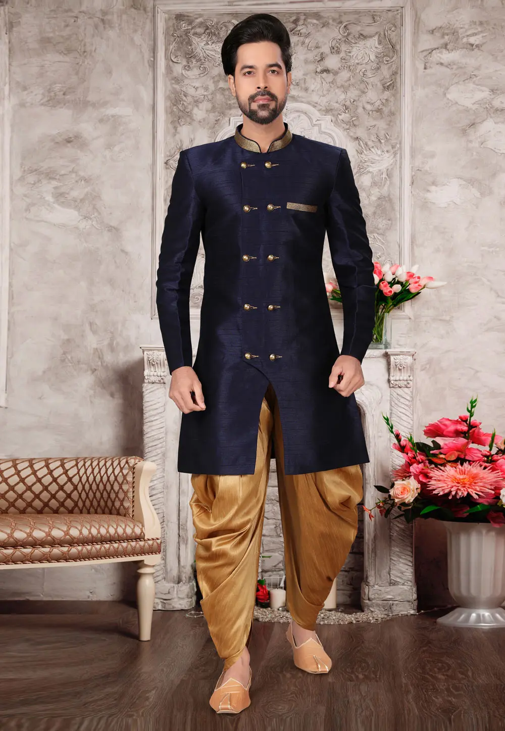 Navy Blue Brocade Silk Indo Western Suit 302953