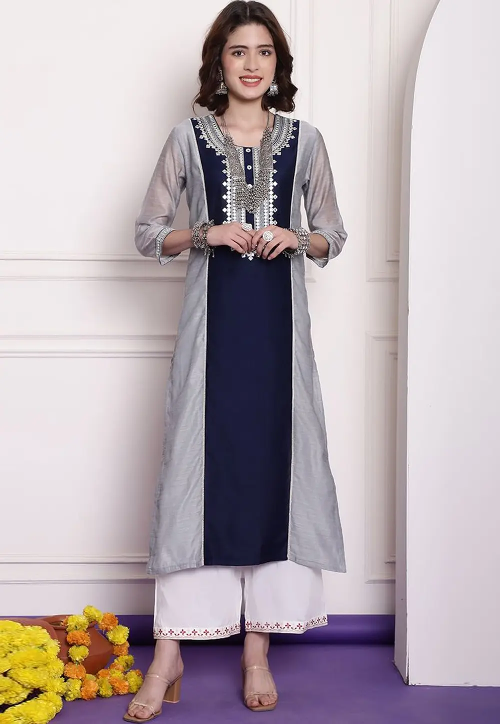 Navy Blue Chanderi Long Kurti 303991