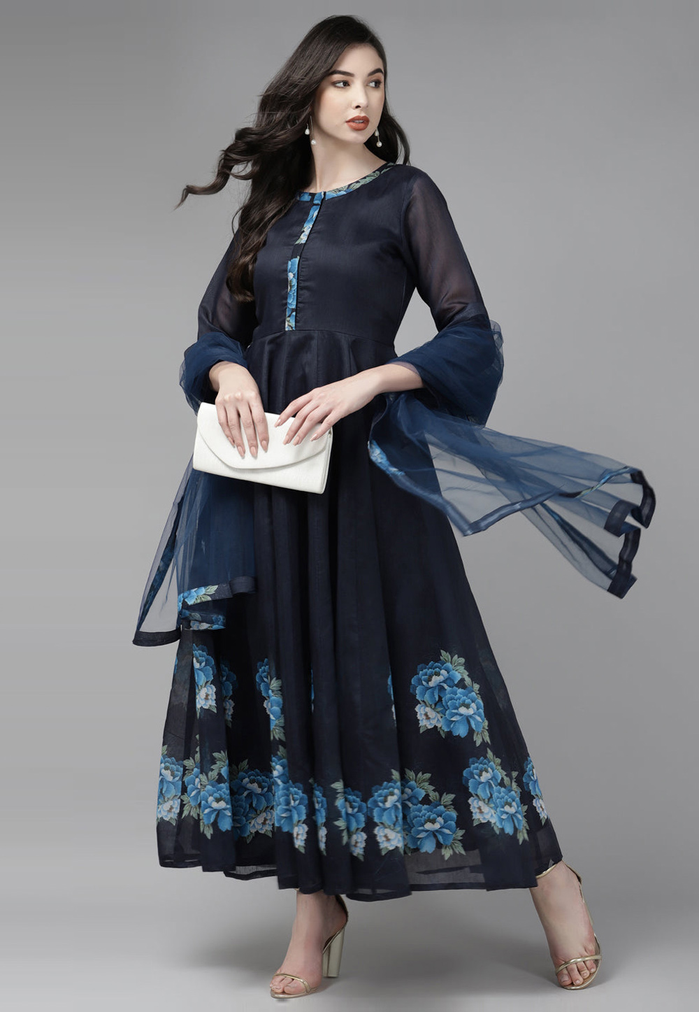 Navy Blue Chanderi Printed Gown 282221