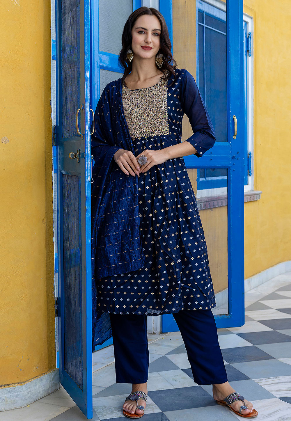 Navy Blue Chanderi Readymade Pant Style Suit 310200