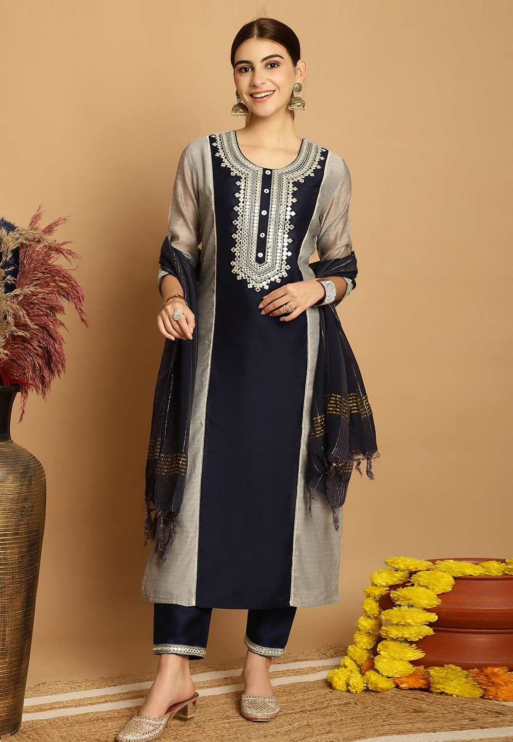 Navy Blue Chanderi Readymade Pant Style Suit 280611