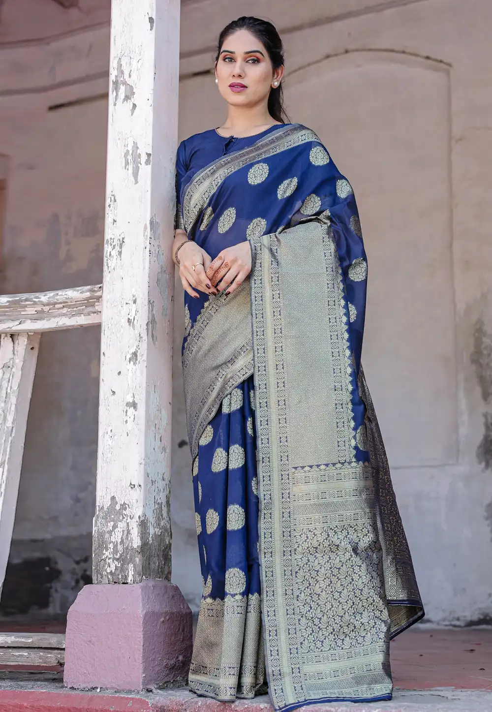 Navy Blue Chanderi Silk Saree With Blouse 291280