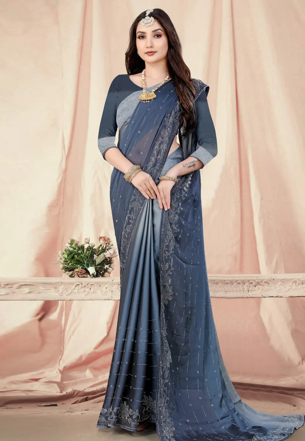 Navy Blue Chiffon Half N Half Saree 302520