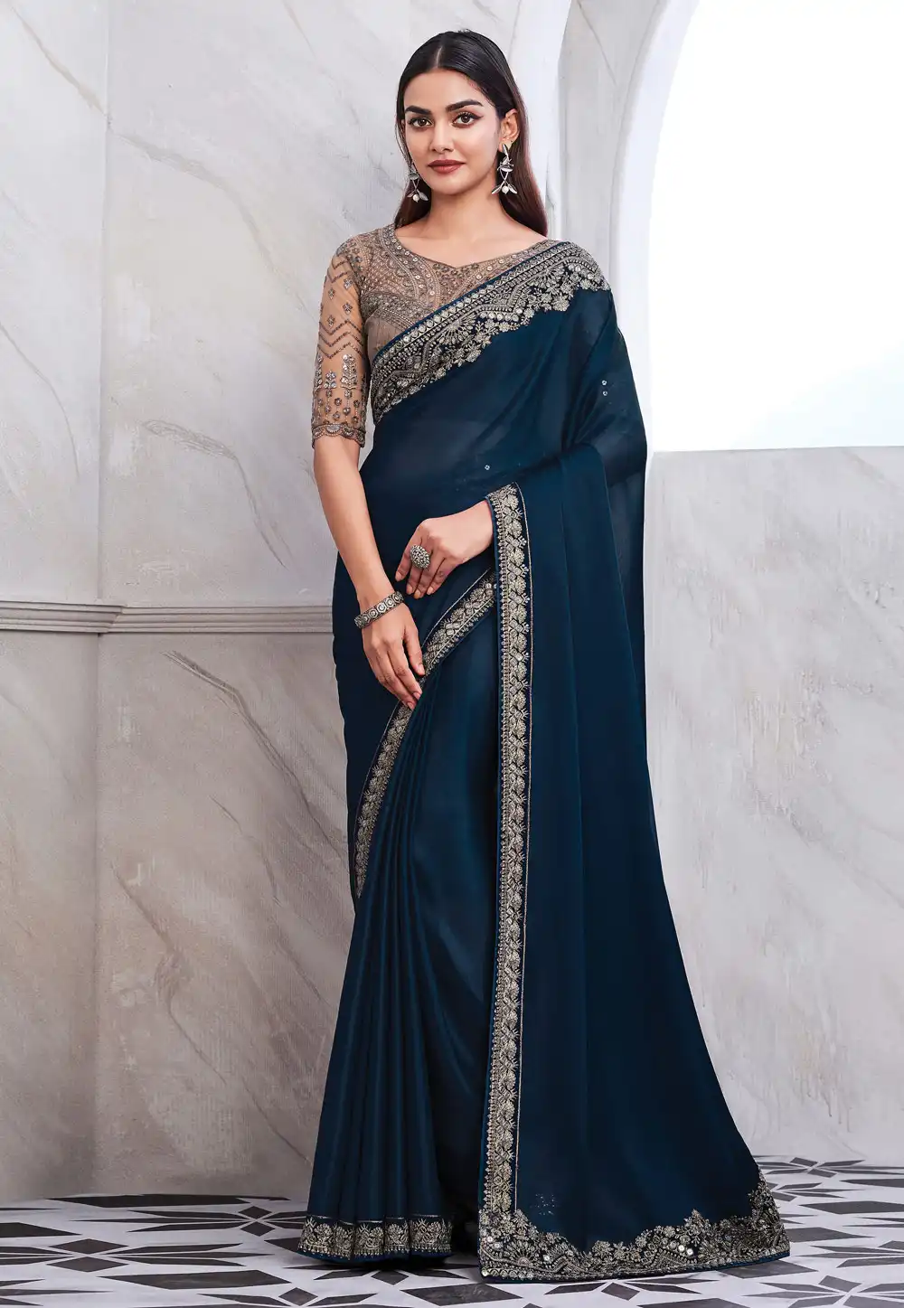 Navy Blue Chiffon Saree With Blouse 292725