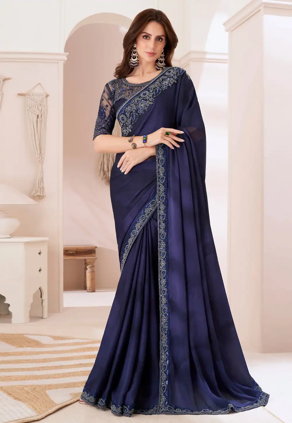 Navy Blue Chiffon Saree With Blouse 292296