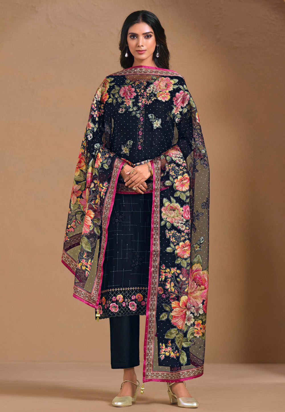 Navy Blue Chinon Chiffon Straight Suit 310634