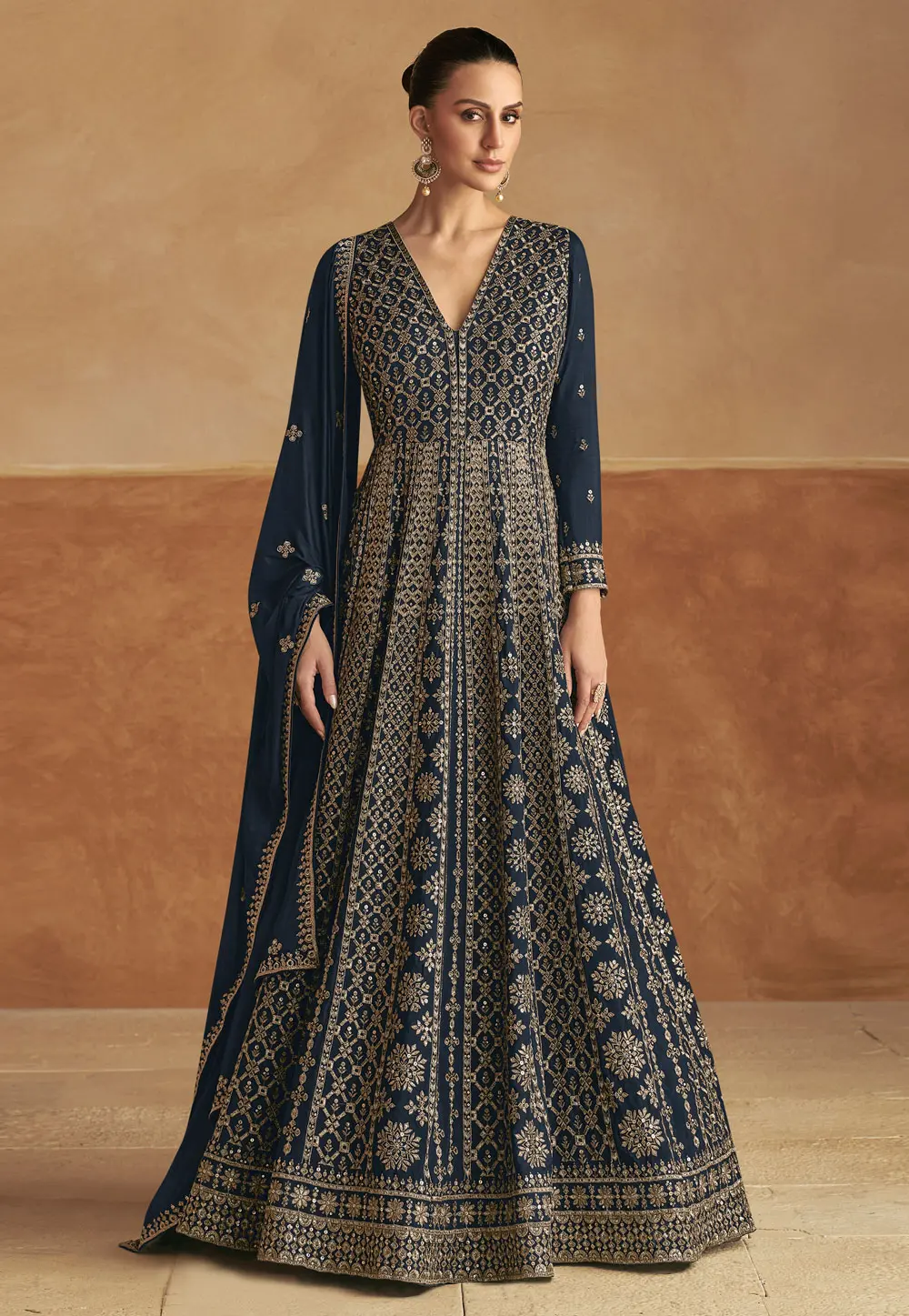 Navy Blue Chinon Embroidered Anarkali Suit 298638